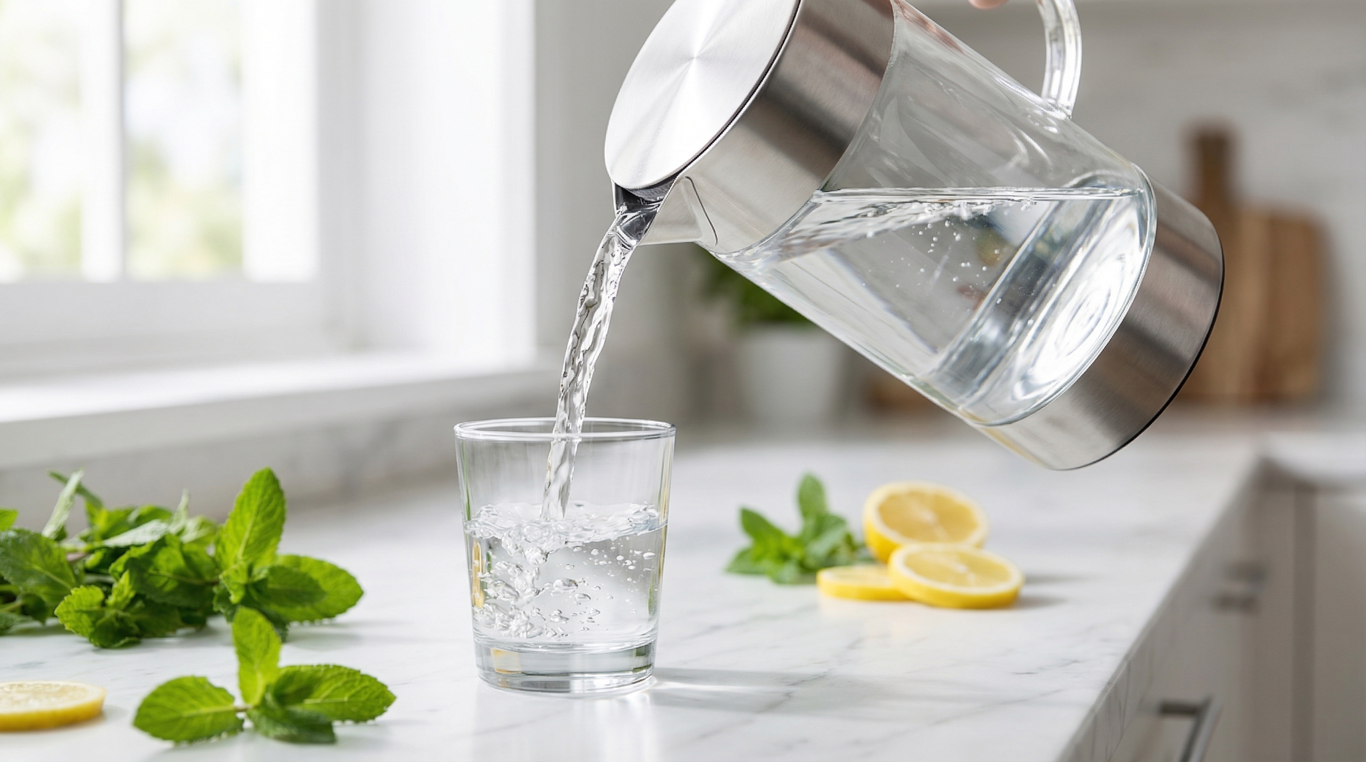 Eau osmosée versée dans un verre sur plan de travail en marbre