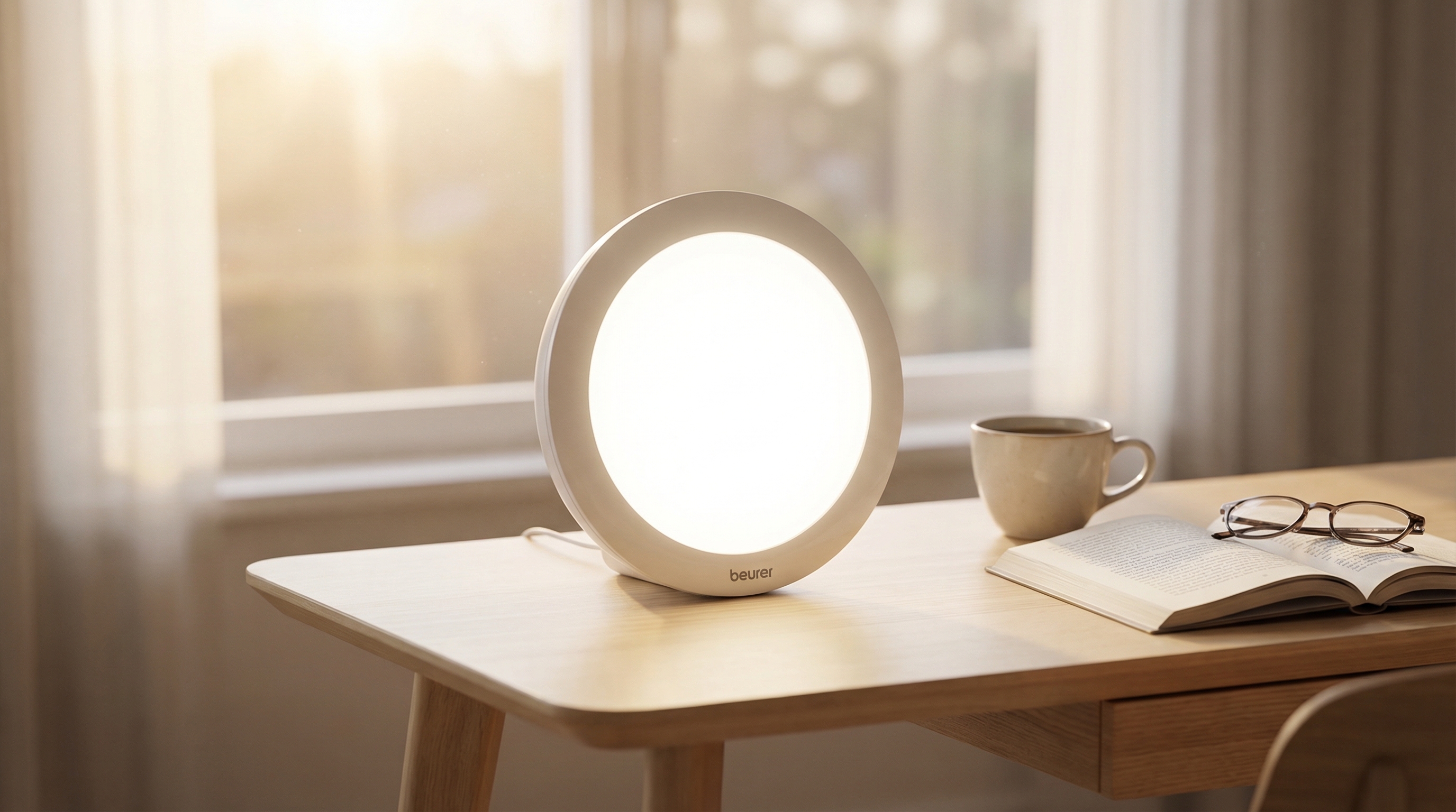 Lampe de luminothérapie Beurer sur un bureau avec lumière matinale