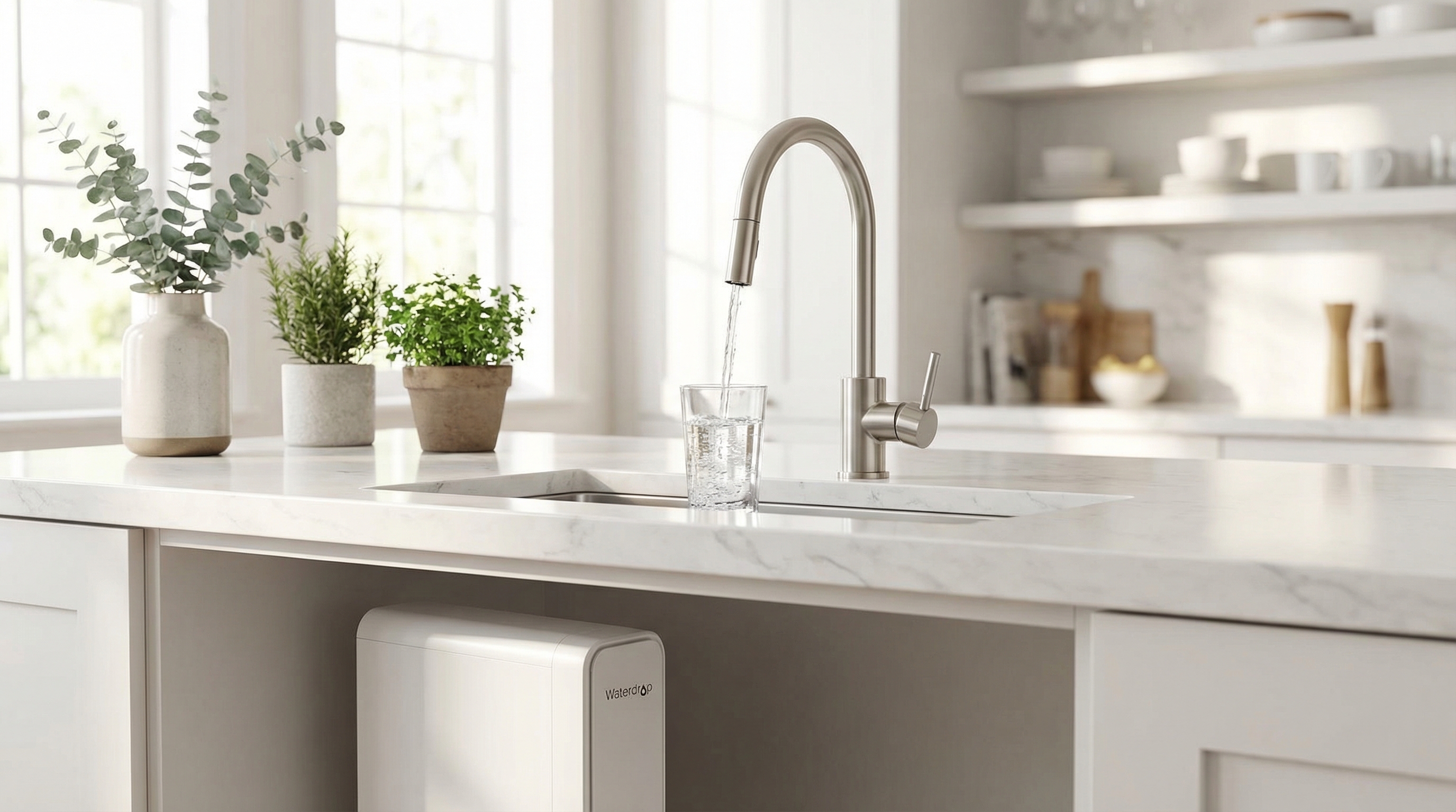 Osmoseur sous évier Waterdrop dans une cuisine moderne avec verre eau filtrée